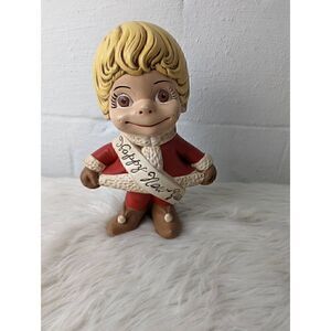 Atlantic Mold Vtg Little Boy Santa Suit W/Happy New Year Banner Ceramic Figurine